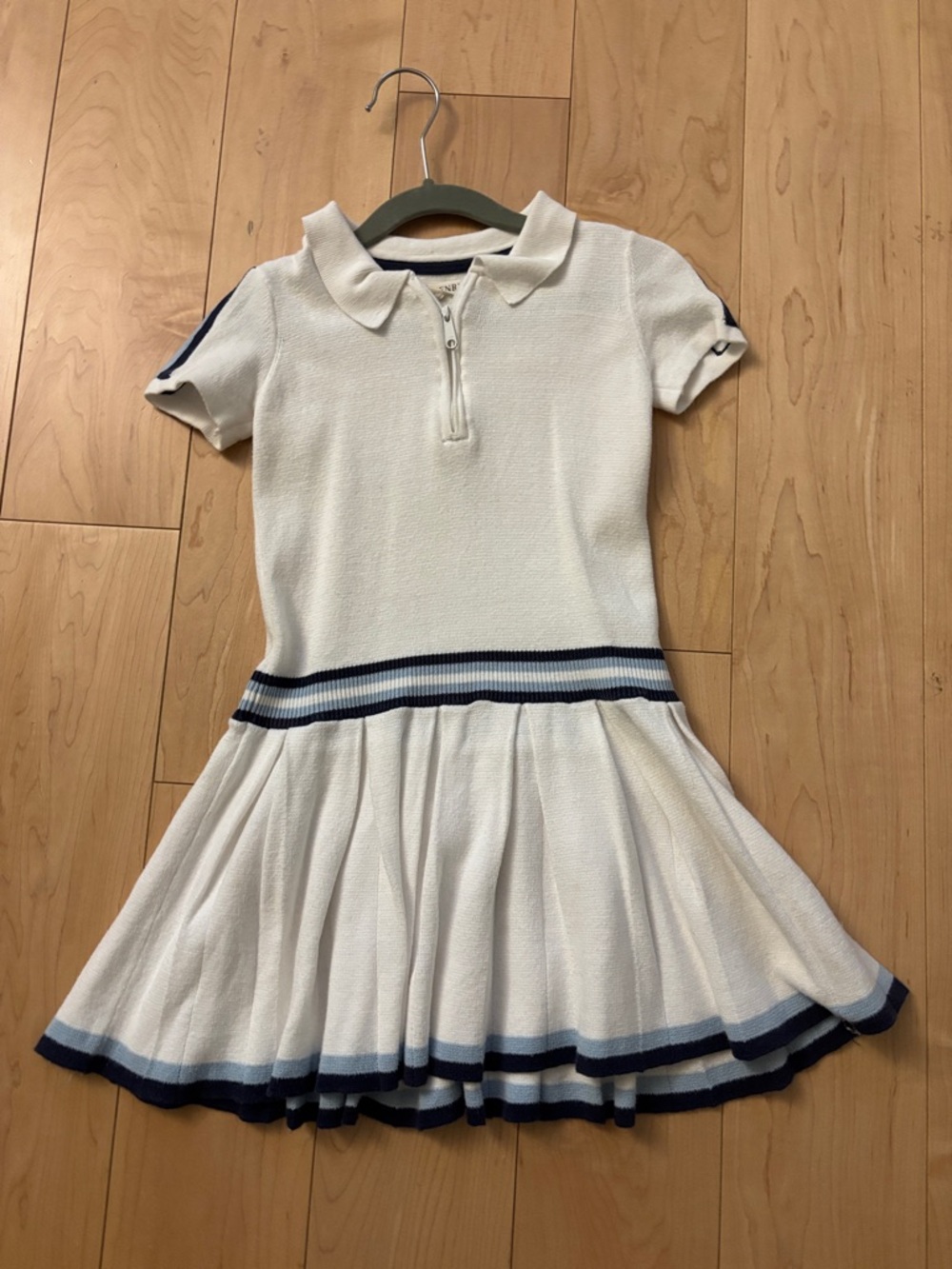 Girls White Polo-Knit Dress with Navy Stripe Trim